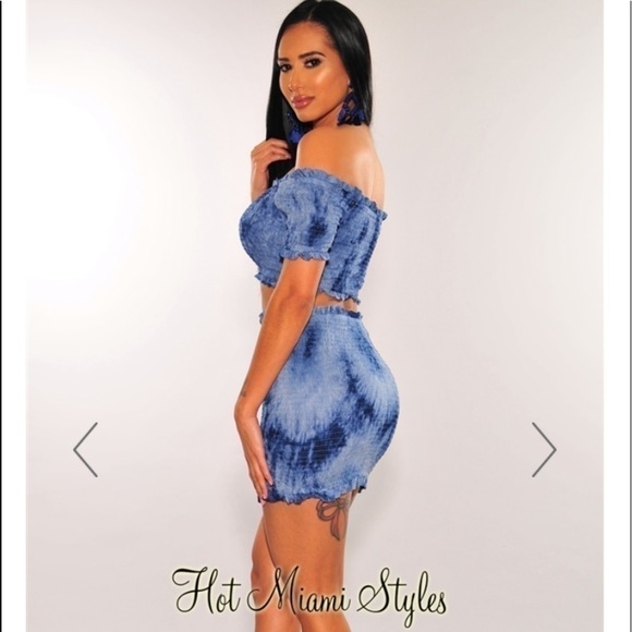 2/$30 Hot Miami Styles Blue Smocked Crop Top Skirt Tie Dye Two Piece Set Large - Picture 5 of 16